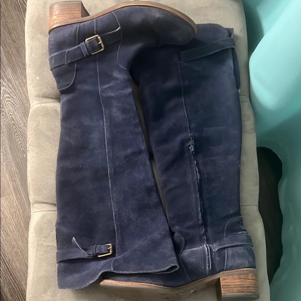 Navy blue Suede Knee-High Boots with Buckles